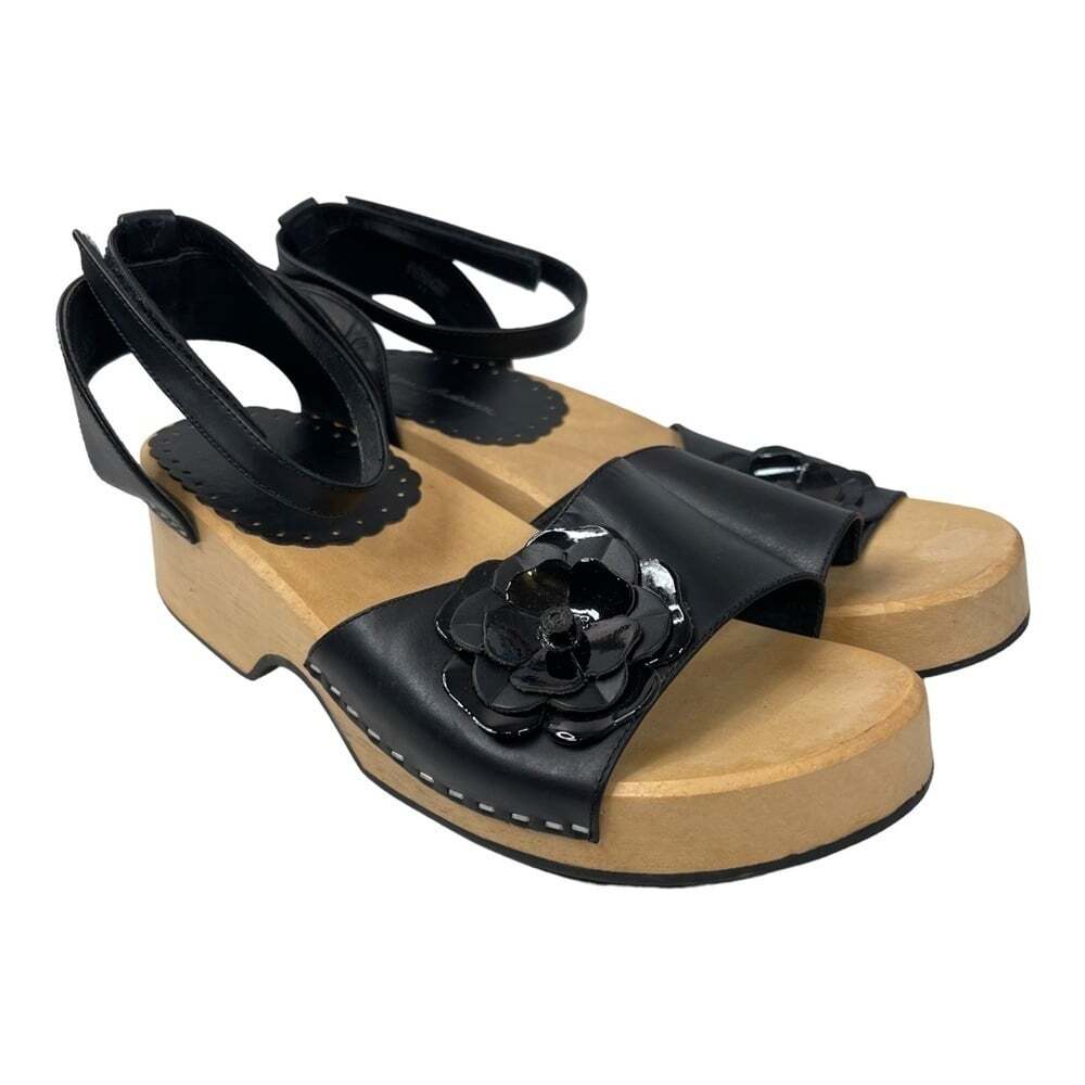 Hanna Andersson Black Floral Wooden Sole Clog Sandals Euro 39 Womens 8